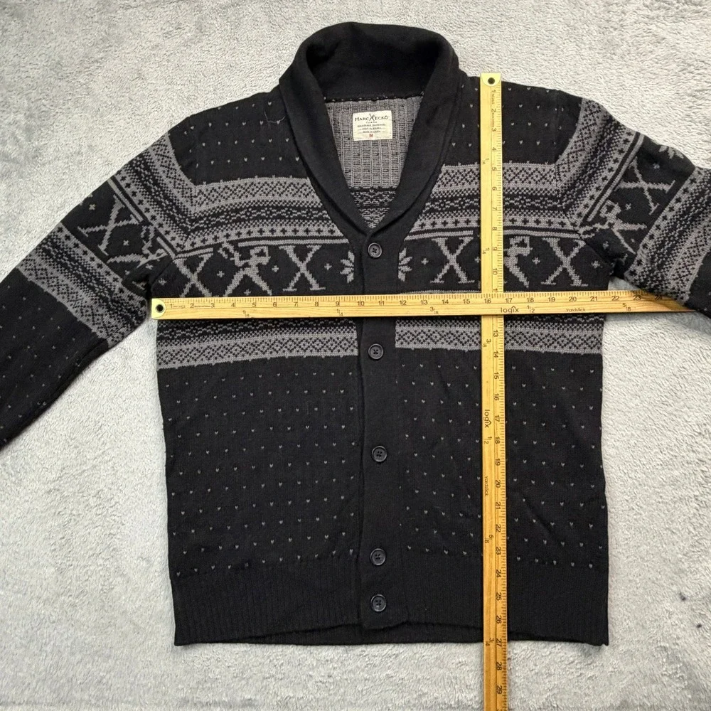 Marc Ecko Cut & Sew Mens Shawl Collar Cardigan Black Grey Fair Isle Sweater Med